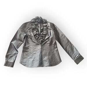 Lafayette 148 Gunmetal Gray Ruffled Blouse Sz 4 EUC
